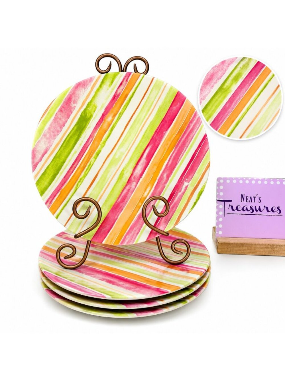 Tommy Bahama STRIPES Pink Green Orange Melamine 10.25" Dinner Plates Set of 4